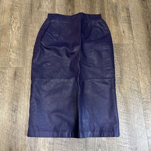 Vintage 80s Diversity Purple Indigo Genuine Leather High Waist Midi Skirt 6